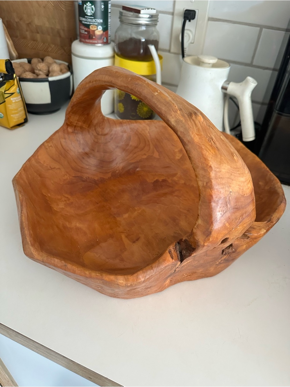 Vintage Hand-Carved Gorgeous Burl wood Bowl with Handle